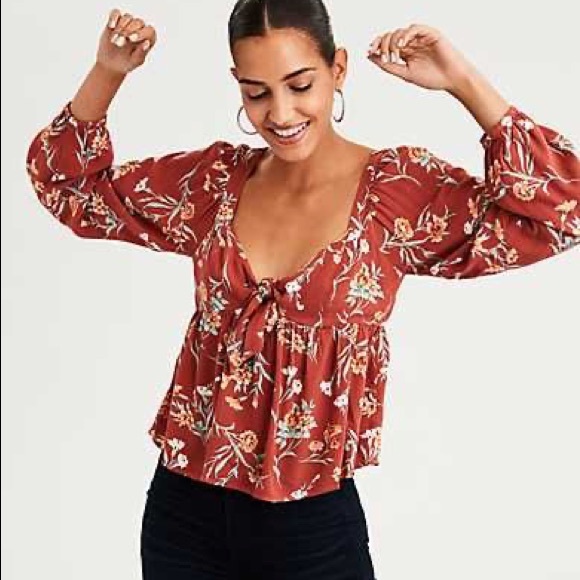 NWOT American Eagle Floral Front Tie Top - Picture 1 of 8